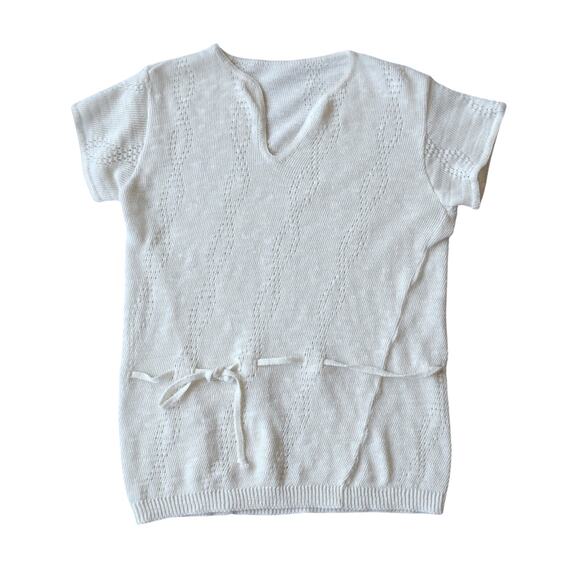 Vintage 70s White Knit Short-Sleeve V-Neck Top with Drawstring Waist - Small - Picture 1 of 8